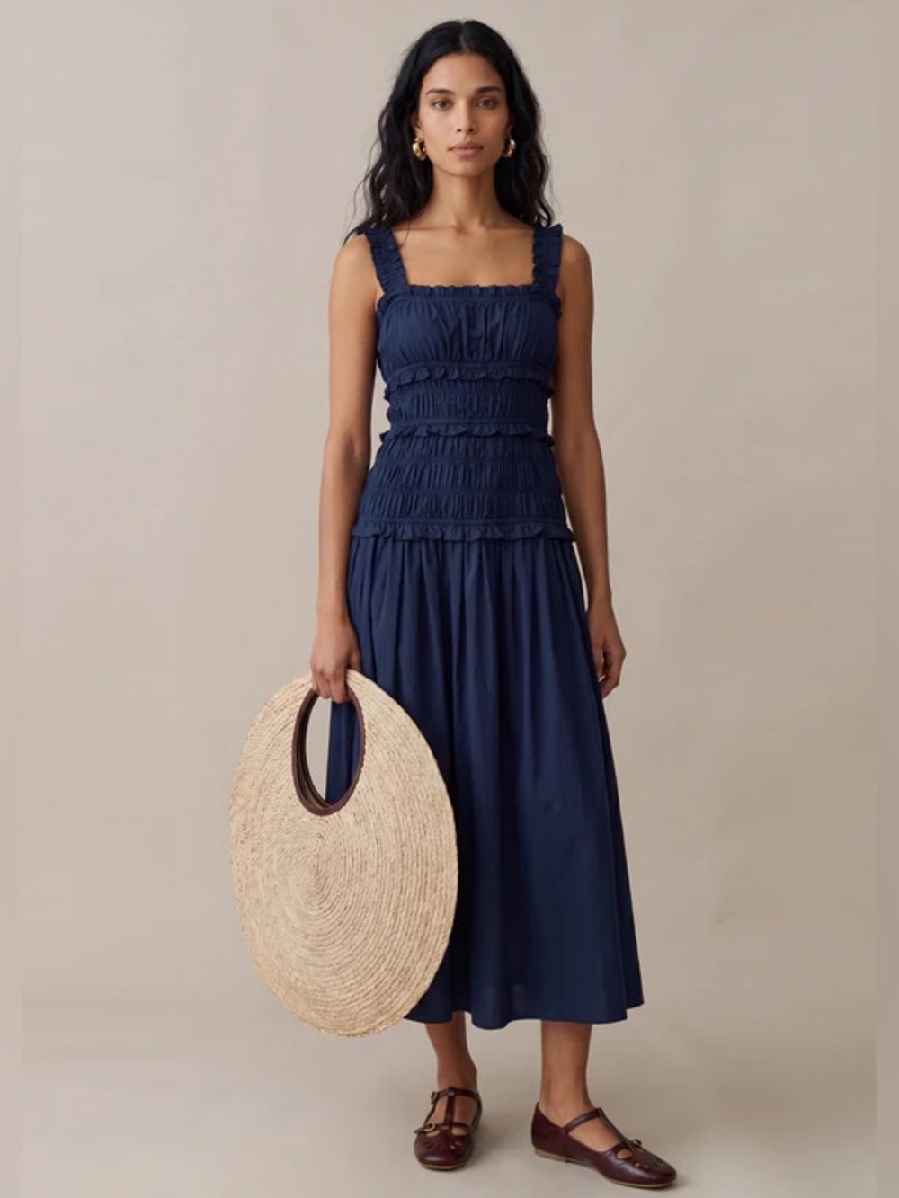 Caroline Constas Marianne Shirred Smocked Nap Dress in Navy Blue M Medium (Doen - Picture 2 of 5